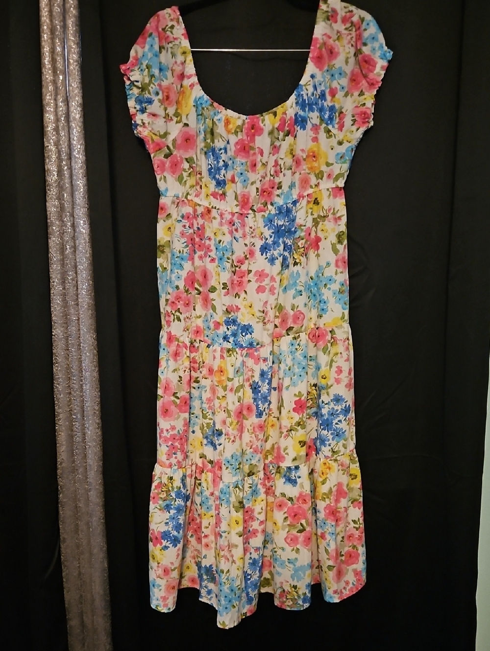 Emma & Michele Floral Midi Dress in Pink, Blue & Yellow on Cream